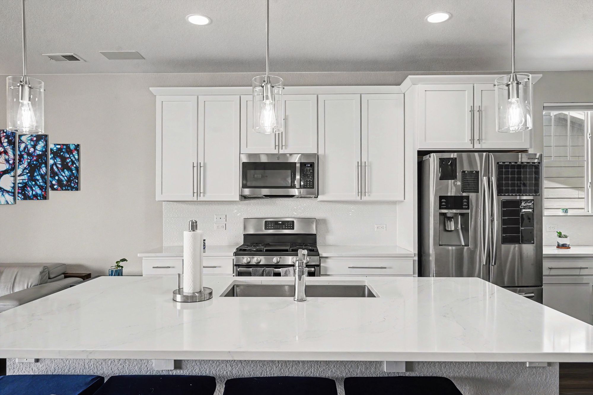 Open kitchen, dining and living area
