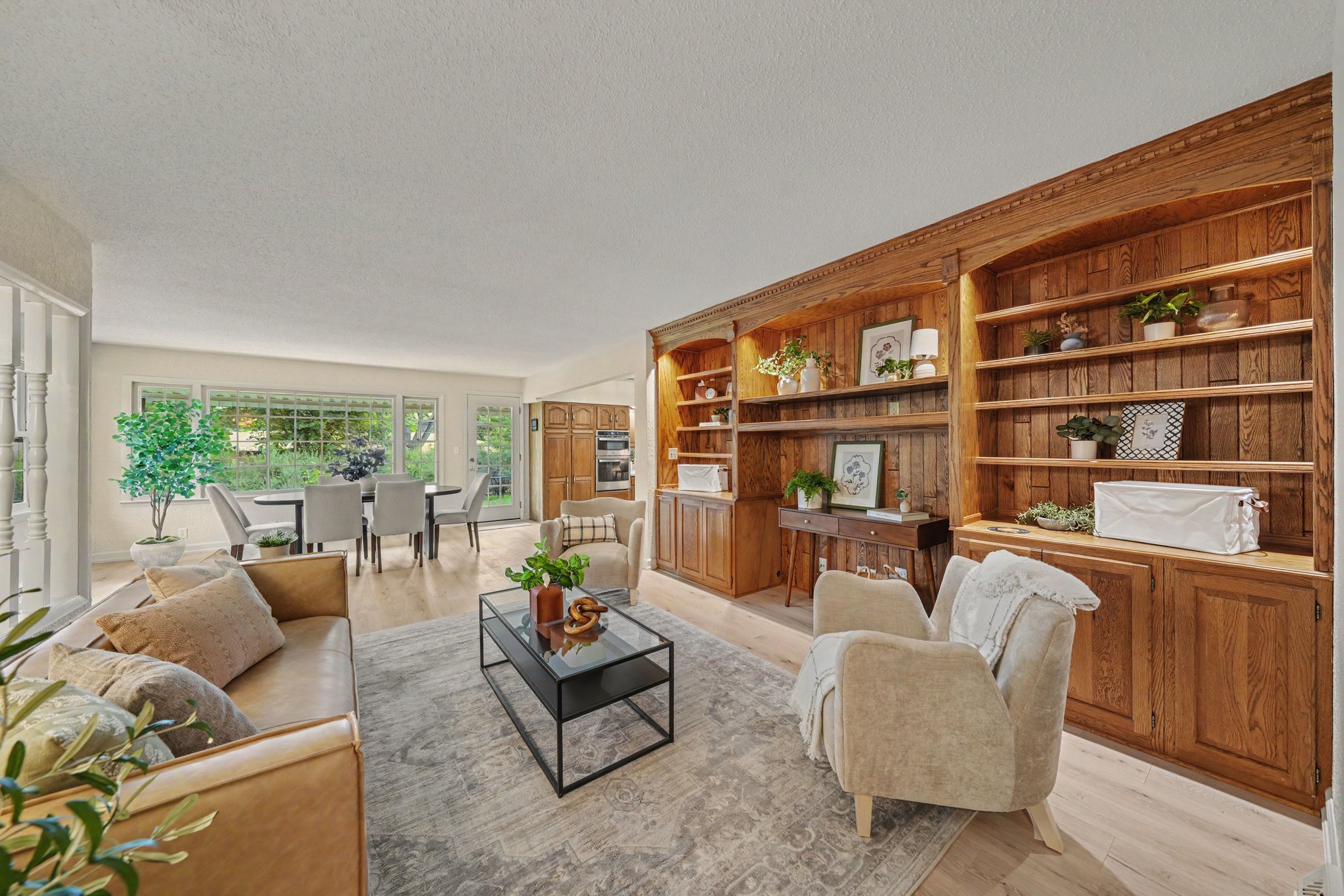 Family room with a full wall of wood built-ins