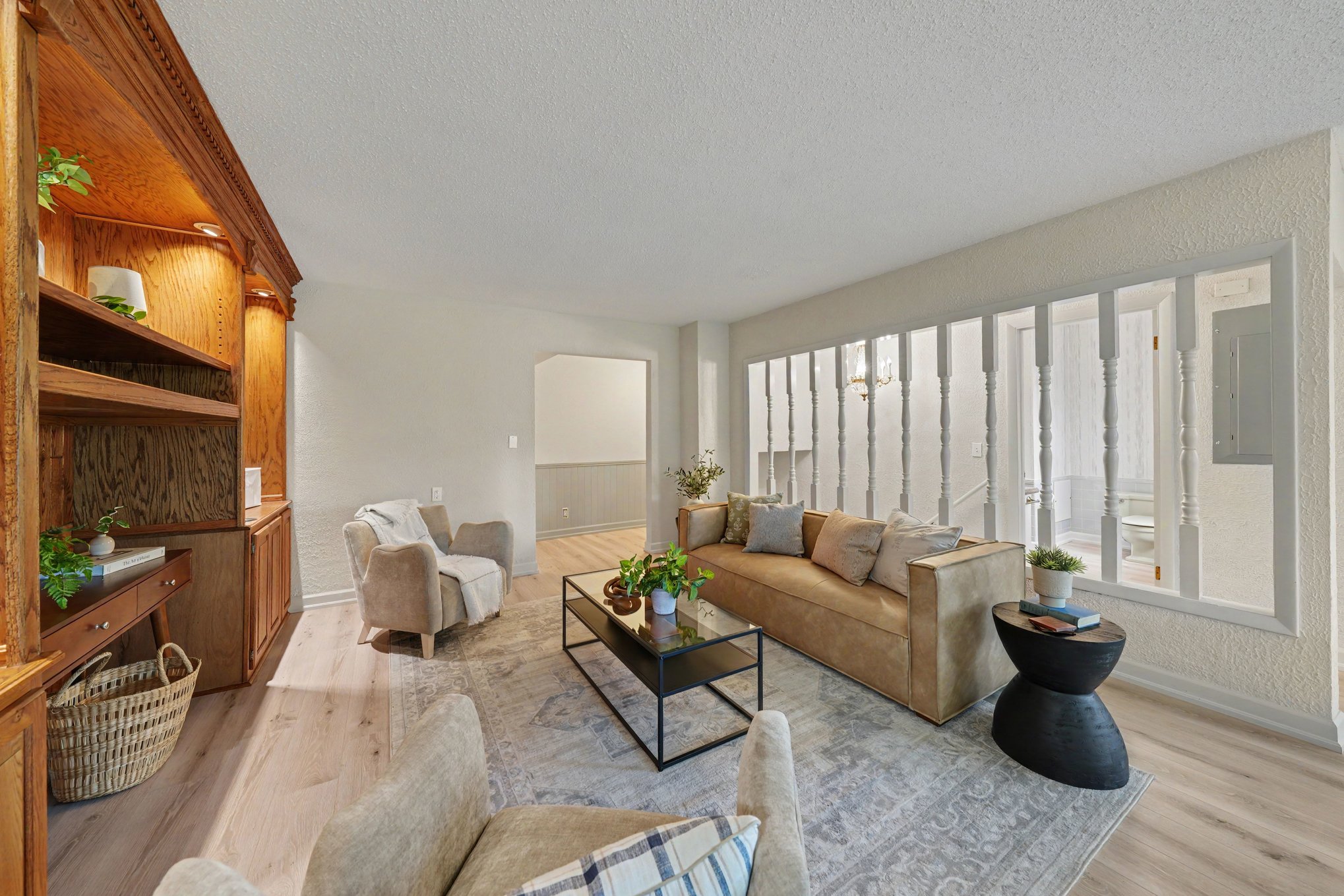 Family room windows and built-in shelving